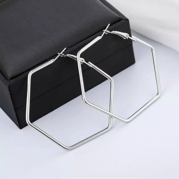 Hexagon Hoop Large Minimalist Geometric Earrings - Picture 4 of 7
